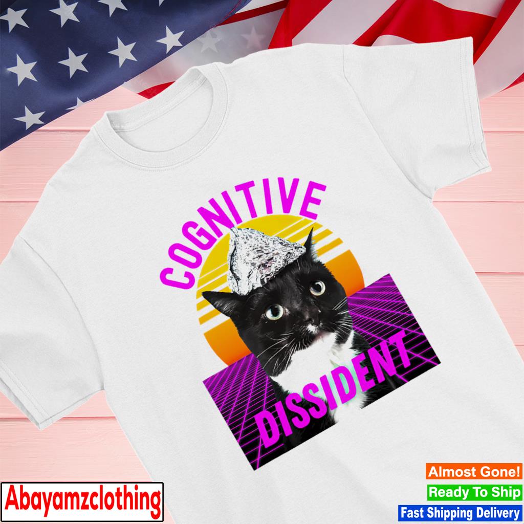 Cognitive Dissident Tinfoil Hat Conspiracy Cat Vaporwave Sunset shirt